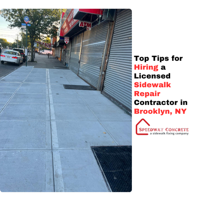 Licensed sidewalk repair contractor inspecting a sidewalk in Brooklyn, NY, with safety equipment and tools.