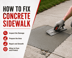 How to Fix a Concrete Sidewalk – Simple Steps 10 Concrete sidewalk repair with fresh concrete being smoothed by hand.