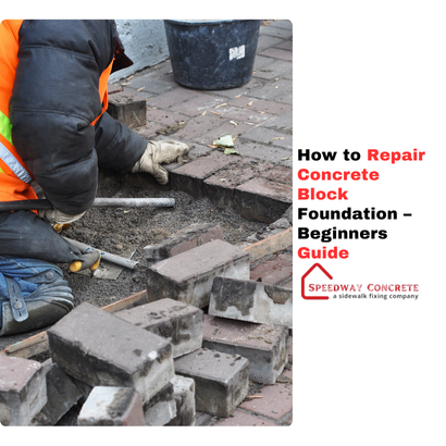 Close-up of a person repairing a cracked concrete block foundation using a trowel and mortar.