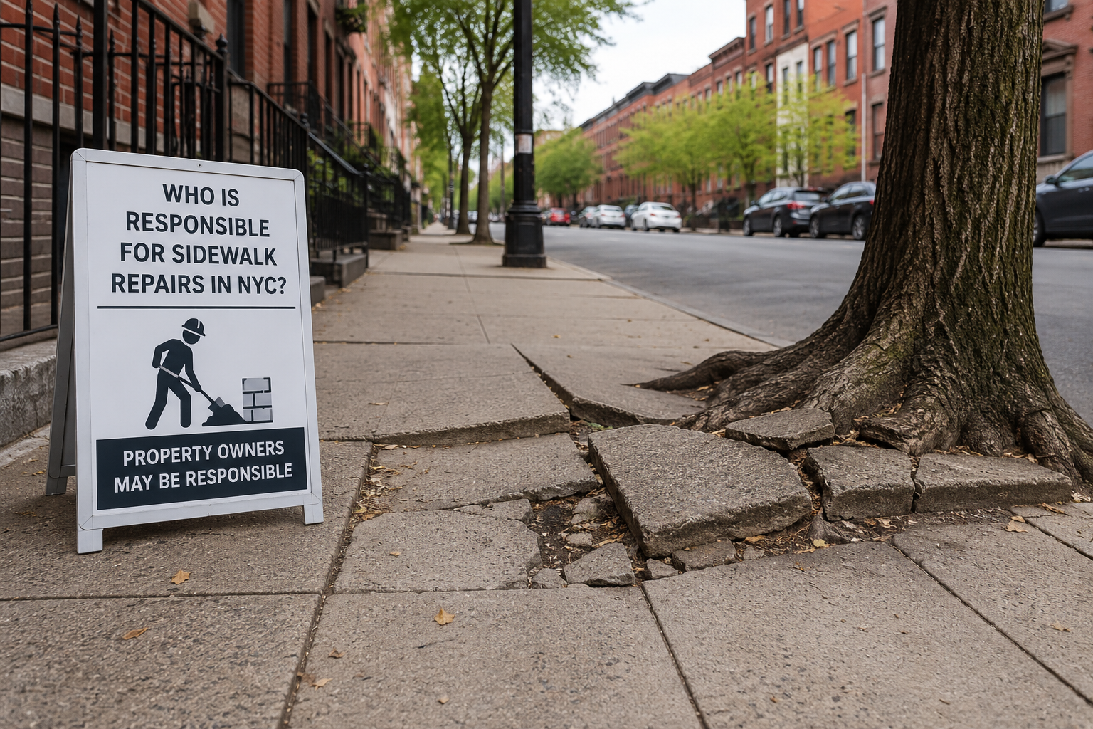 Damaged NYC sidewalk with cracked concrete and tree root uplift illustrating property owner responsibility for sidewalk repairs in New York City.
