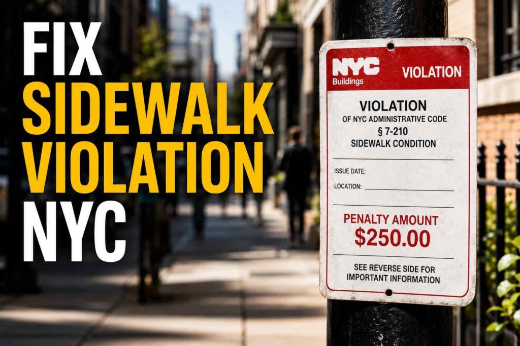 Fix Sidewalk Violation NYC Fast (Same Day Service) 1 Workers repairing a damaged sidewalk in New York City to fix a sidewalk violation and restore DOT compliance.