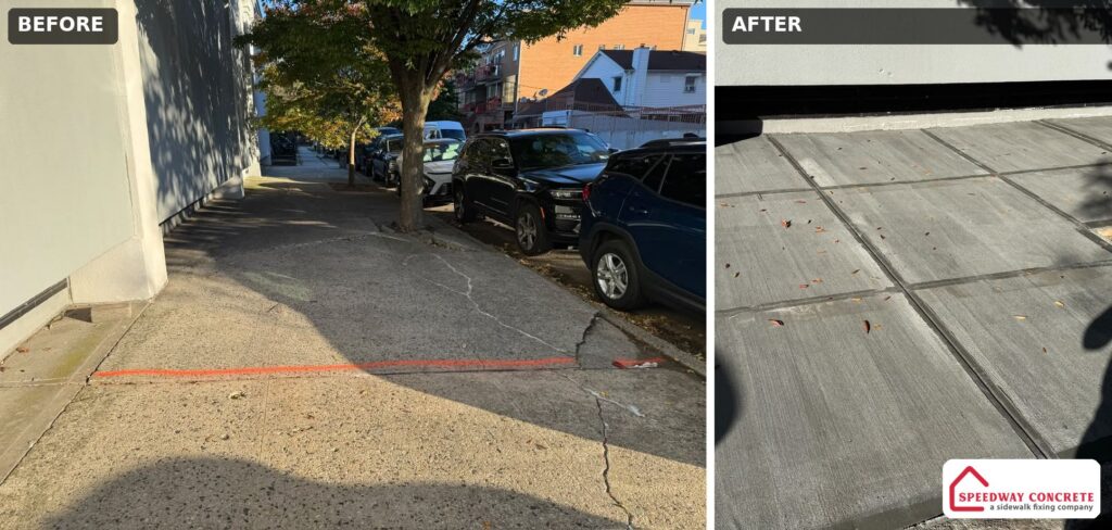 Before and after comparison of sidewalk replacement by Speedway Concrete in New York City